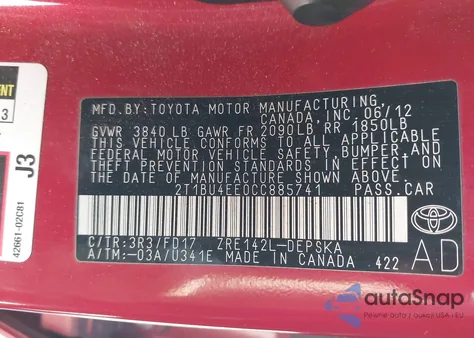 2012 Toyota Corolla L/Le/S z USA, uszkodzony, nr VIN 2T1BU4EE0CC885741